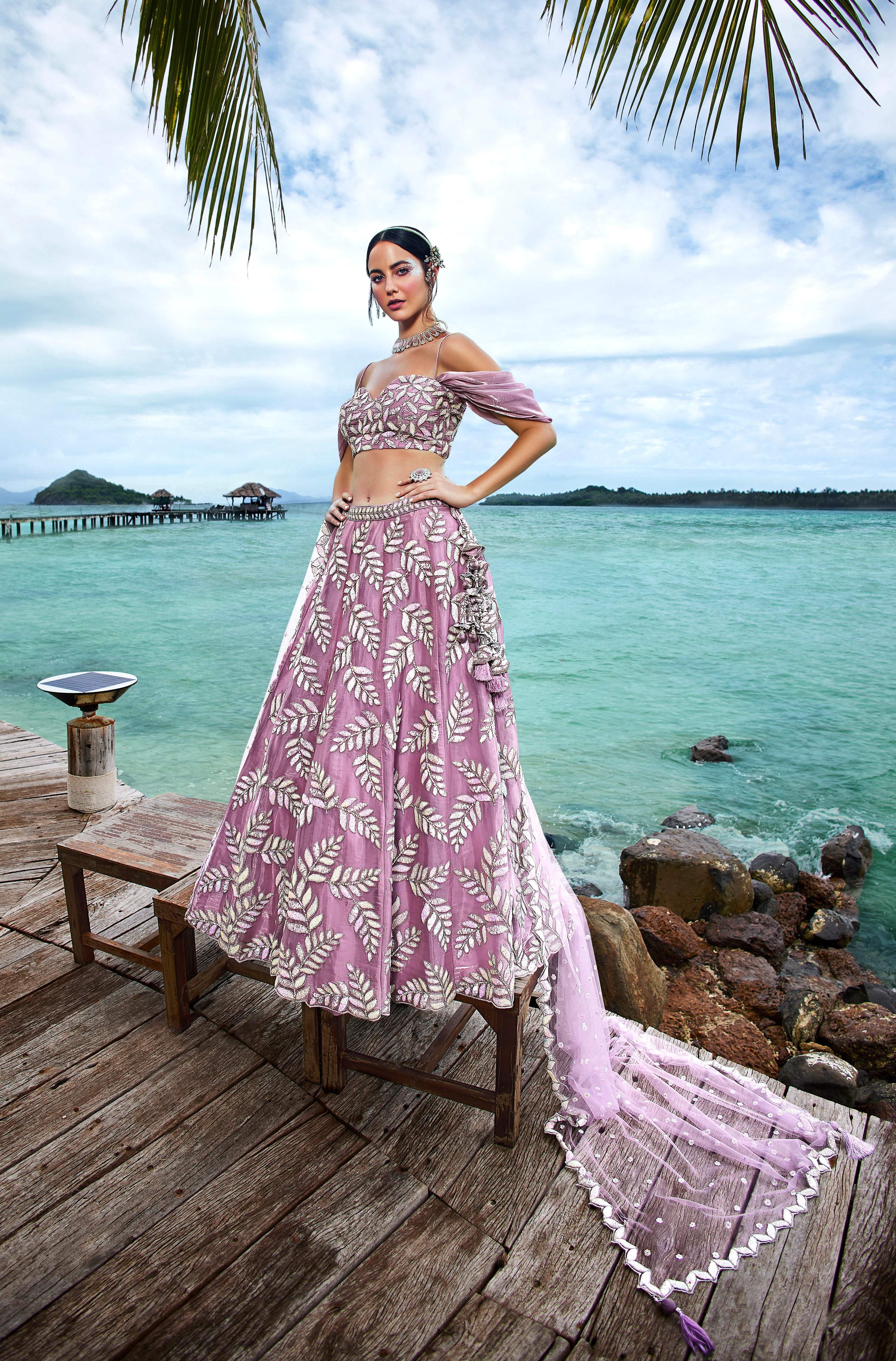 House of Panchhi Mauve Organza Sequins & Zarkan Embroidery Lehenga Choli & Dupatta