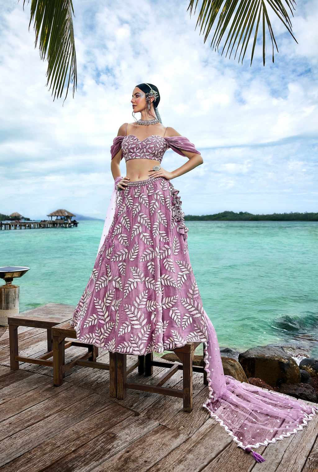 House of Panchhi Mauve Organza Sequins & Zarkan Embroidery Lehenga Choli & Dupatta