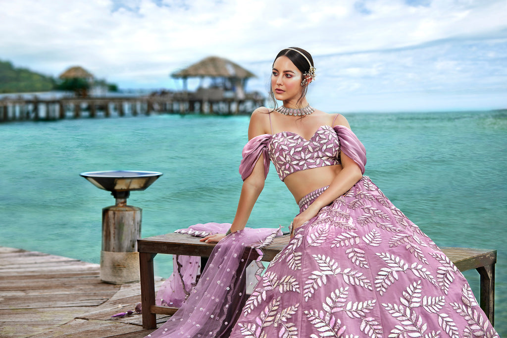 House of Panchhi Mauve Organza Sequins & Zarkan Embroidery Lehenga Choli & Dupatta