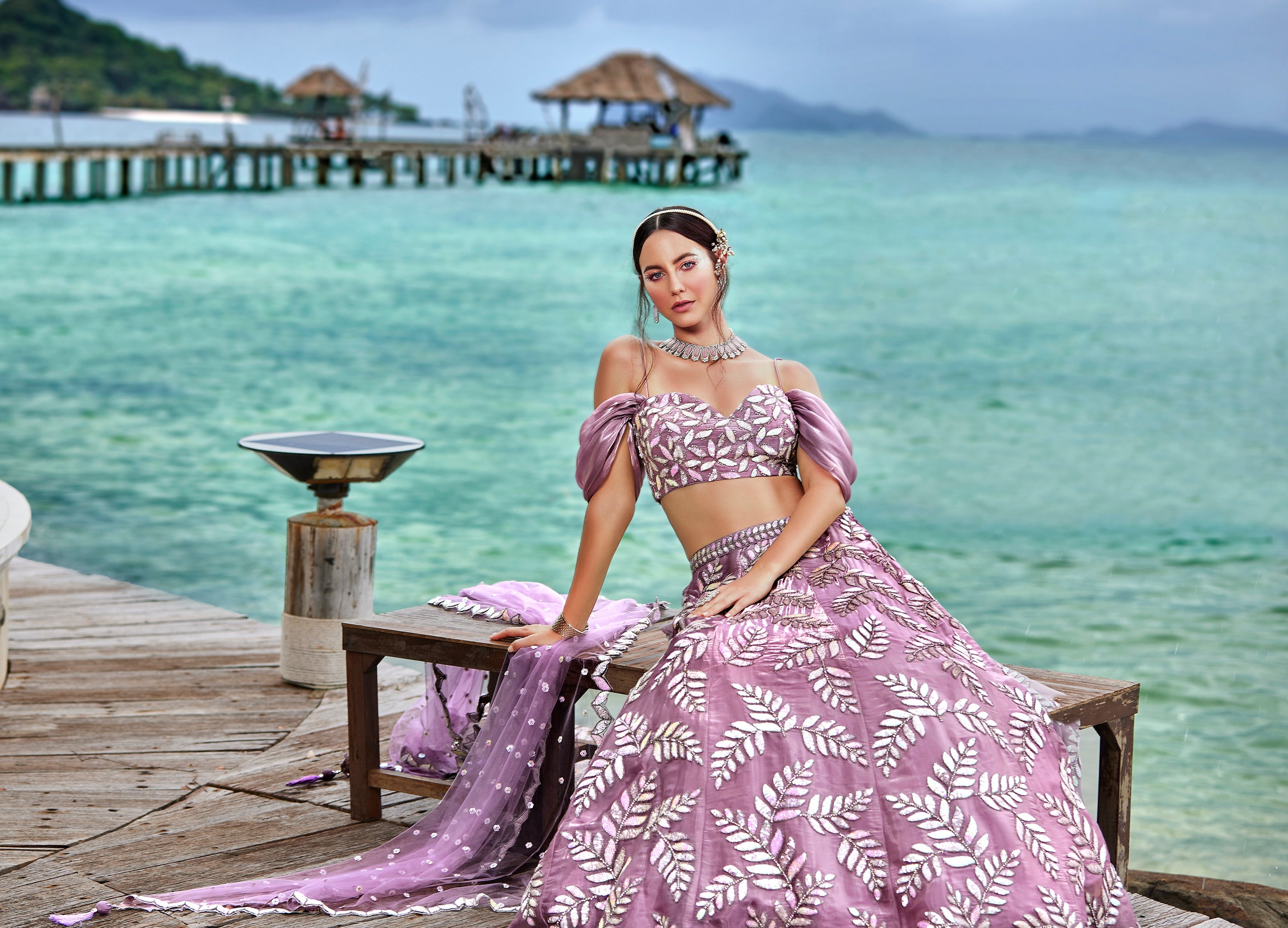 House of Panchhi Mauve Organza Sequins & Zarkan Embroidery Lehenga Choli & Dupatta