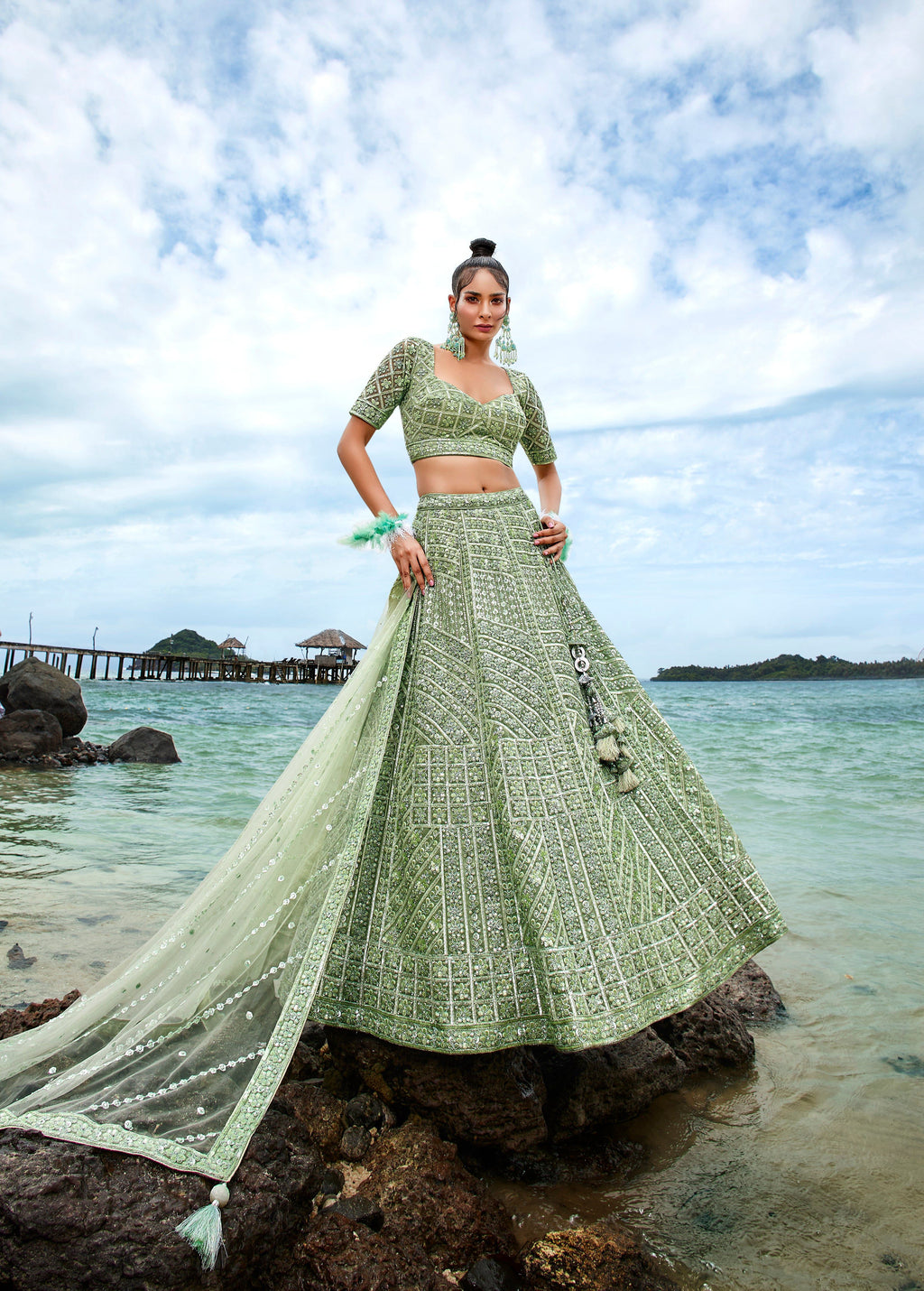 House of Panchhi Lime Green Net Sequins, Zarkan And Thread Embroidery Lehenga Choli & Dupatta
