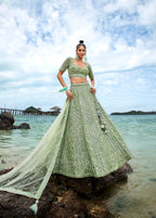 House of Panchhi Lime Green Net Sequins, Zarkan And Thread Embroidery Lehenga Choli & Dupatta