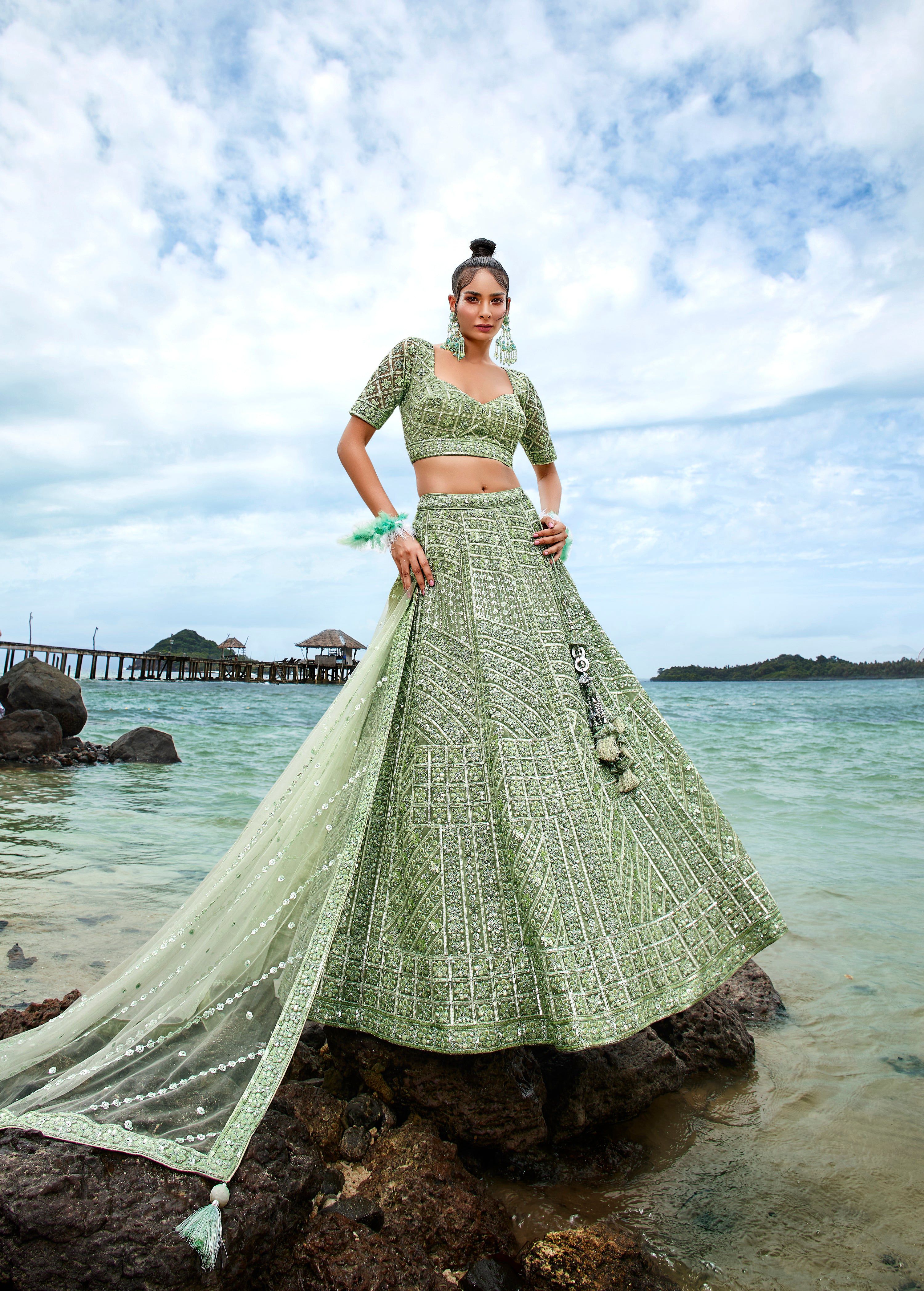 House of Panchhi Lime Green Net Sequins, Zarkan And Thread Embroidery Lehenga Choli & Dupatta