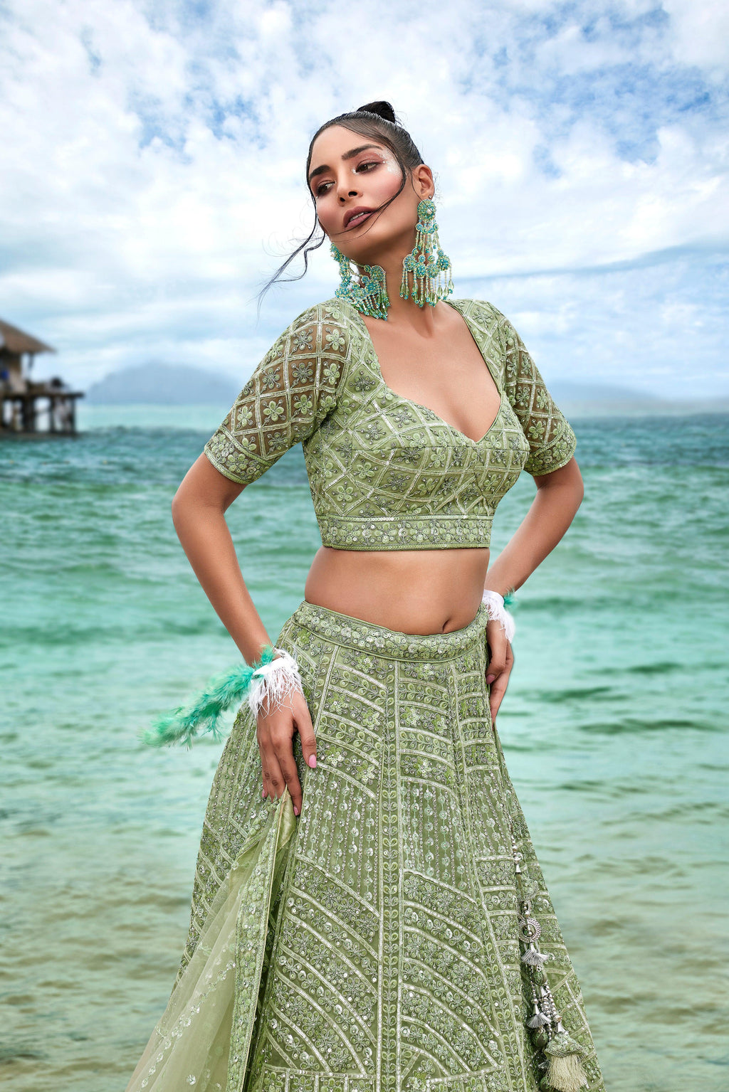 House of Panchhi Lime Green Net Sequins, Zarkan And Thread Embroidery Lehenga Choli & Dupatta