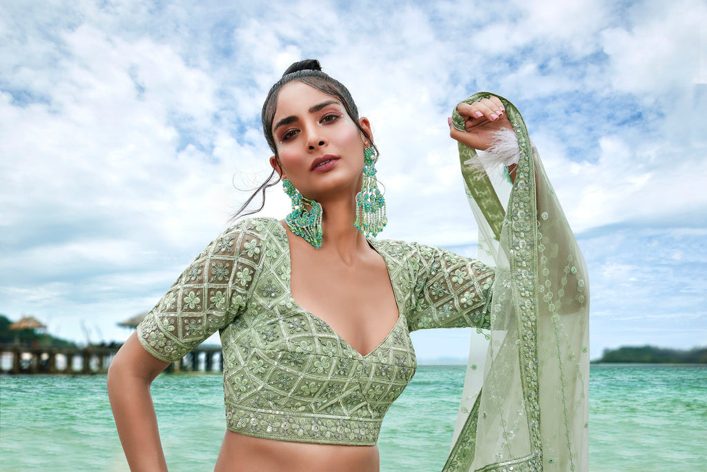 House of Panchhi Lime Green Net Sequins, Zarkan And Thread Embroidery Lehenga Choli & Dupatta