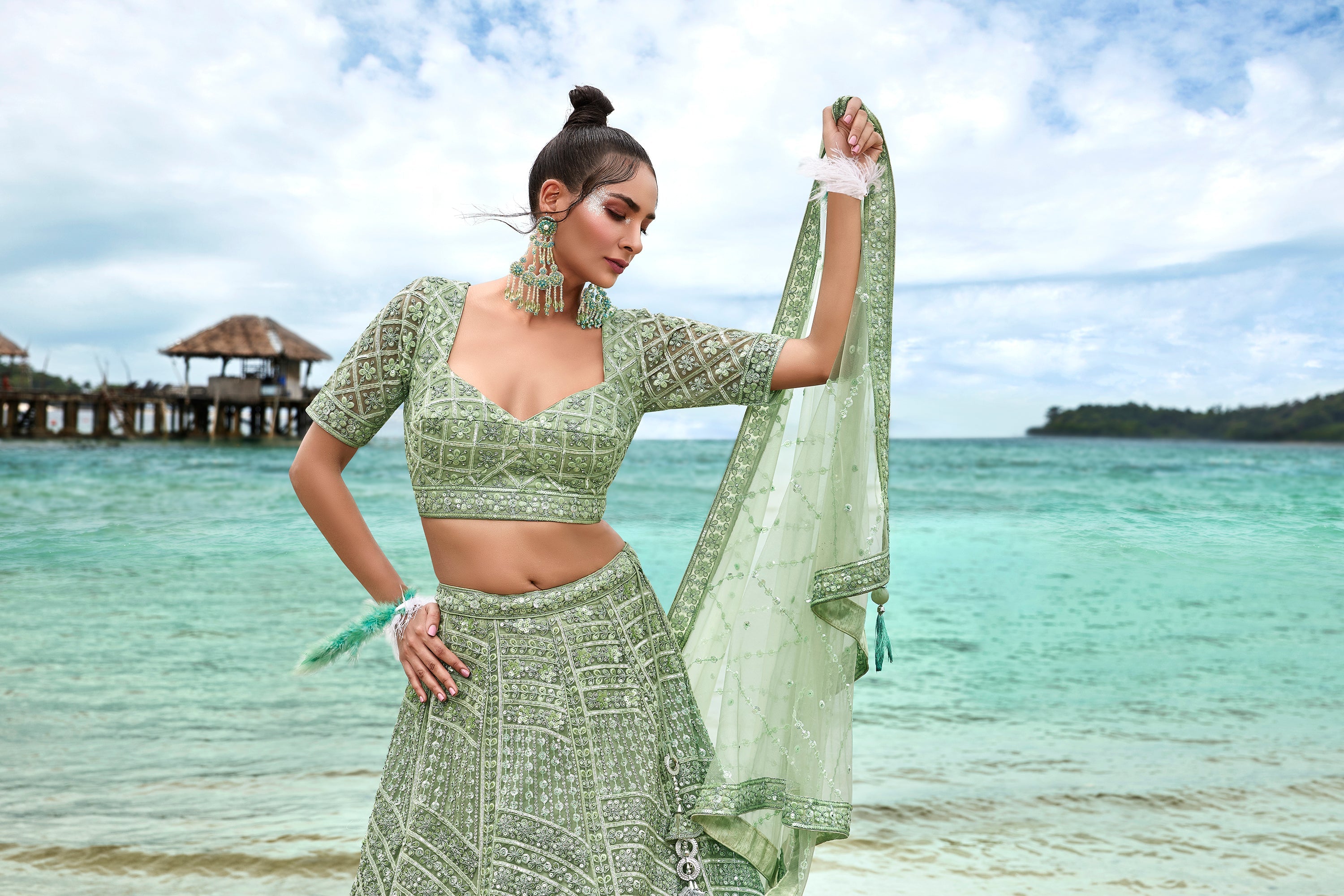 House of Panchhi Lime Green Net Sequins, Zarkan And Thread Embroidery Lehenga Choli & Dupatta