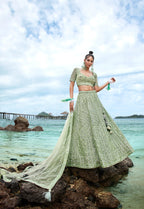 House of Panchhi Lime Green Net Sequins, Zarkan And Thread Embroidery Lehenga Choli & Dupatta
