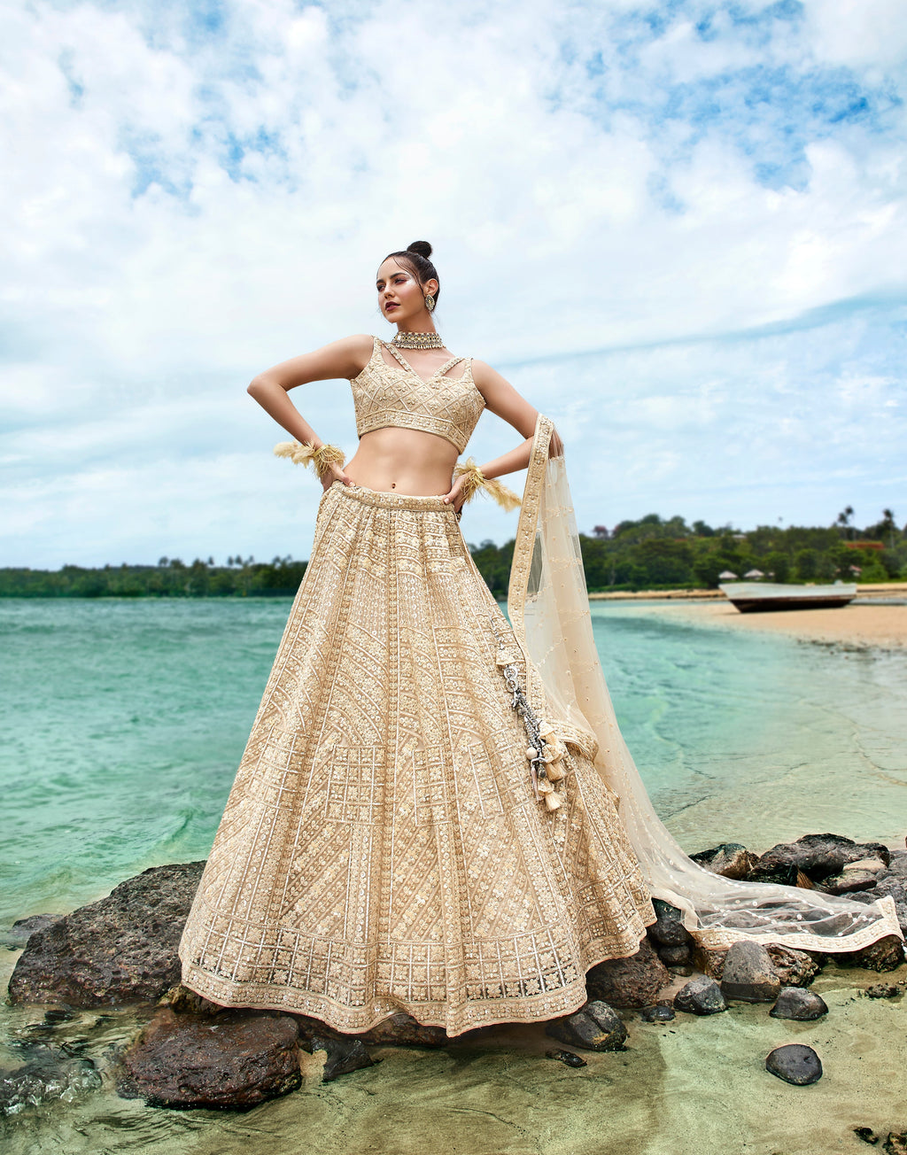 House of Panchhi Cream Net Sequins, Zarkan And Thread Embroidery Lehenga Choli & Dupatta
