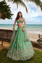House of Panchhi Sea Green Georgette Sequins, Zarkan And Thread Embroidery Lehenga Choli & Dupatta