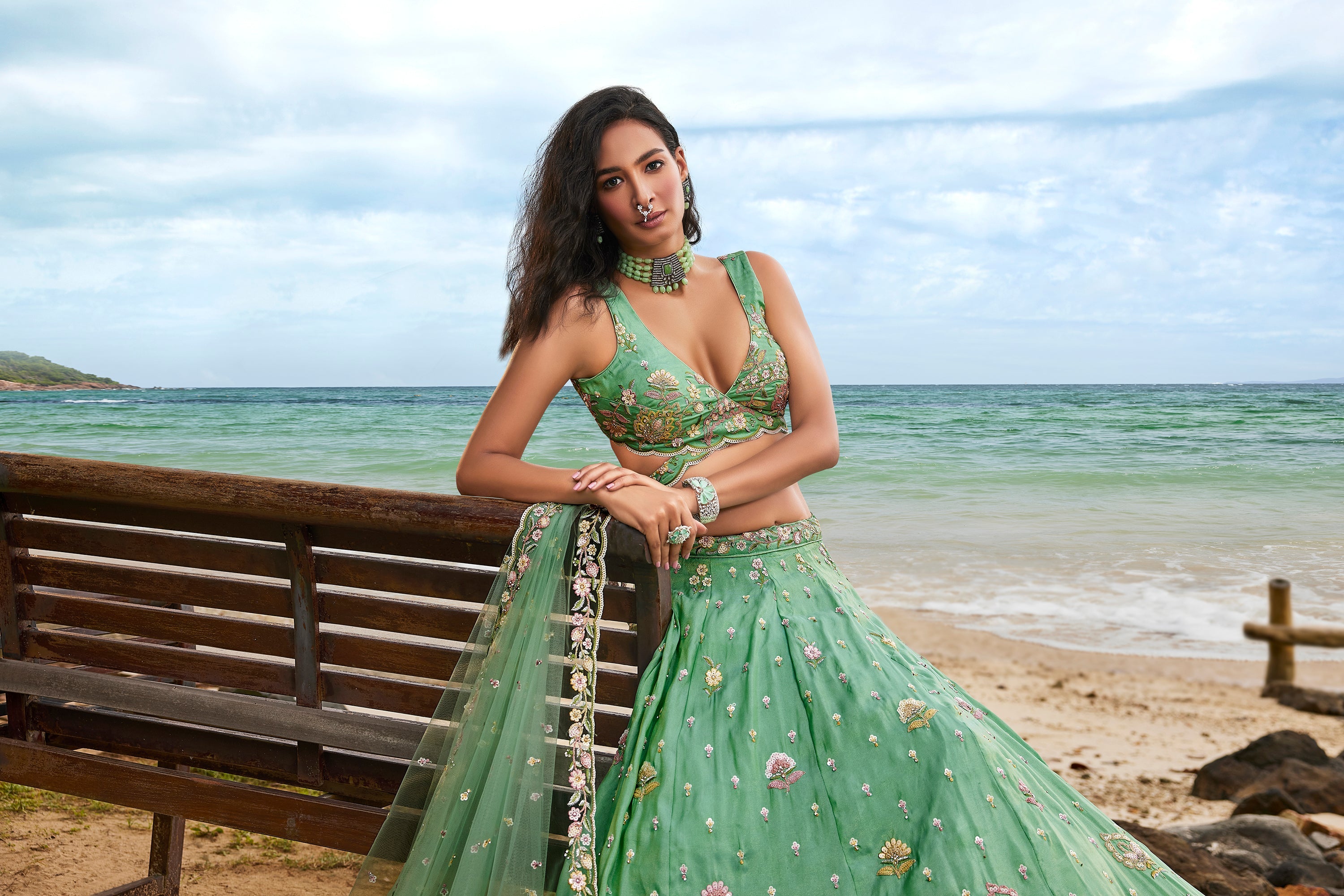 House of Panchhi Sea Green Georgette Sequins, Zarkan And Thread Embroidery Lehenga Choli & Dupatta