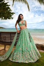 House of Panchhi Sea Green Georgette Sequins, Zarkan And Thread Embroidery Lehenga Choli & Dupatta