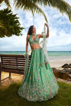 House of Panchhi Sea Green Georgette Sequins, Zarkan And Thread Embroidery Lehenga Choli & Dupatta
