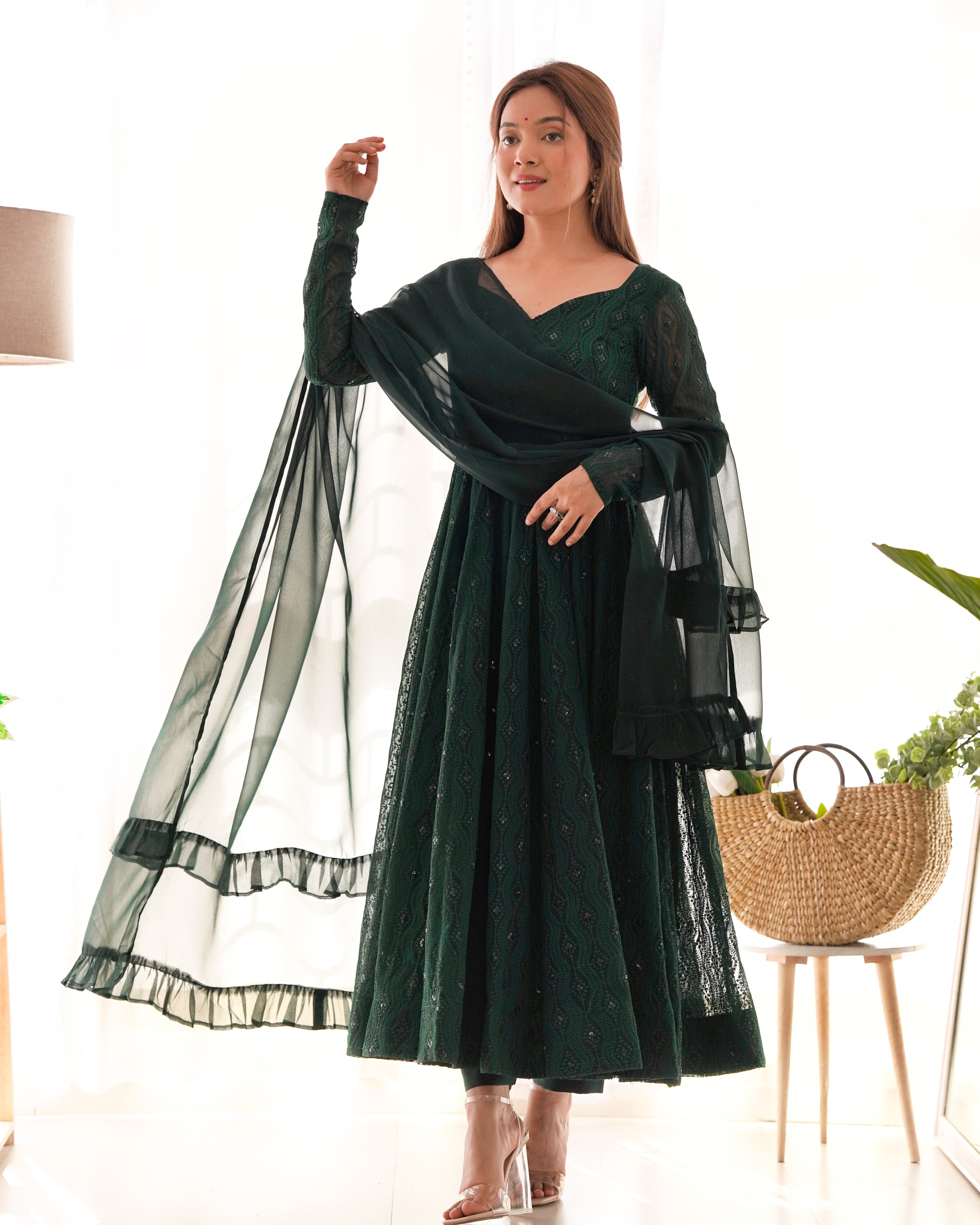 Lorenvalley Green Pure Soft Faux Georgette Lucknowi Sequence Work Anarkali Pant With Dupatta Set