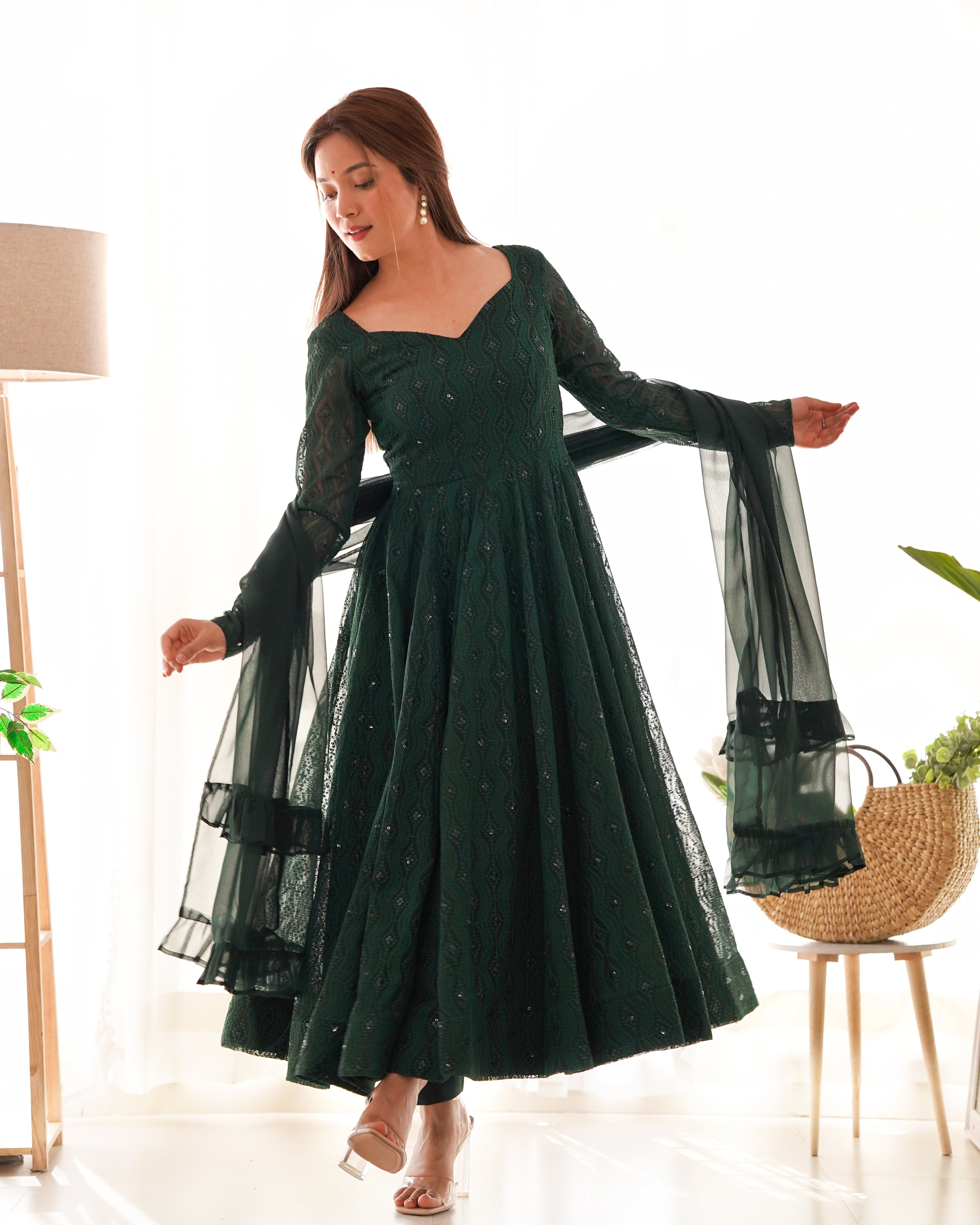 Lorenvalley Green Pure Soft Faux Georgette Lucknowi Sequence Work Anarkali Pant With Dupatta Set