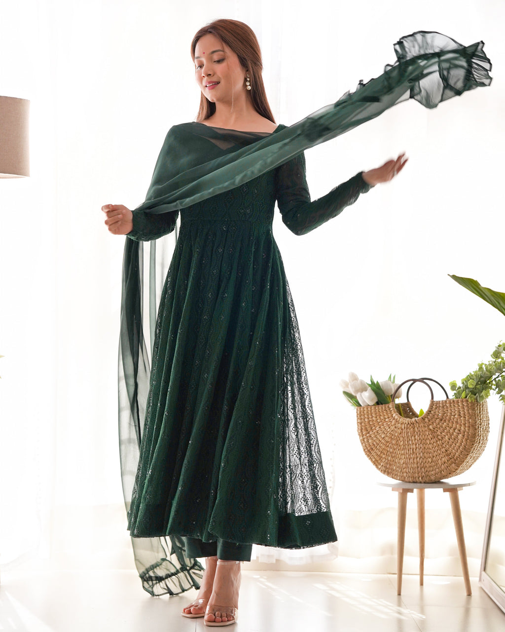 Lorenvalley Green Pure Soft Faux Georgette Lucknowi Sequence Work Anarkali Pant With Dupatta Set