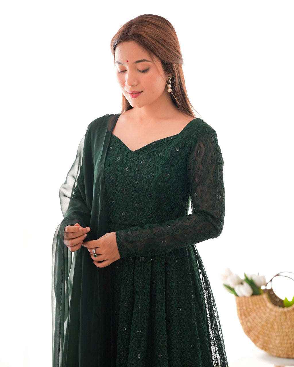 Lorenvalley Green Pure Soft Faux Georgette Lucknowi Sequence Work Anarkali Pant With Dupatta Set