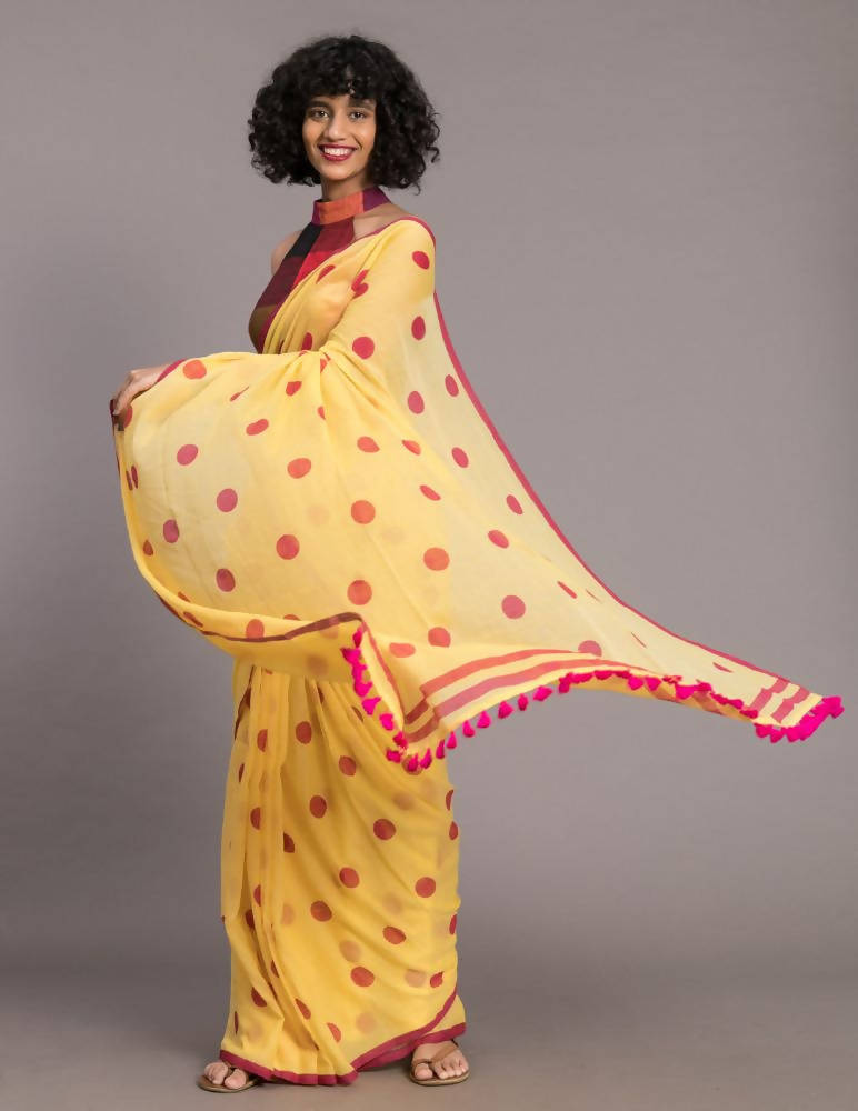 Suta Yellow Pink Polka Printed Pure Cotton Saree - Distacart