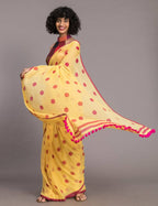 Suta Yellow Pink Polka Printed Pure Cotton Saree - Distacart