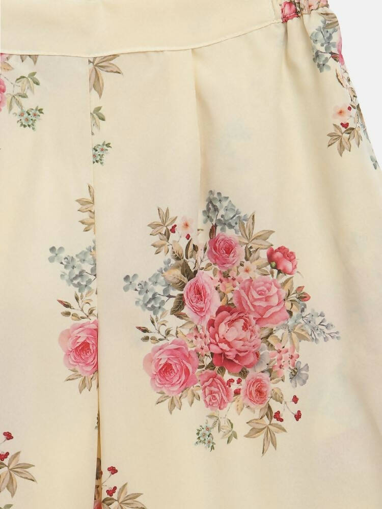 Ahalyaa Beige Crepe Floral Printed Kids Kurta Palazzo Set With Dupatta For Girls