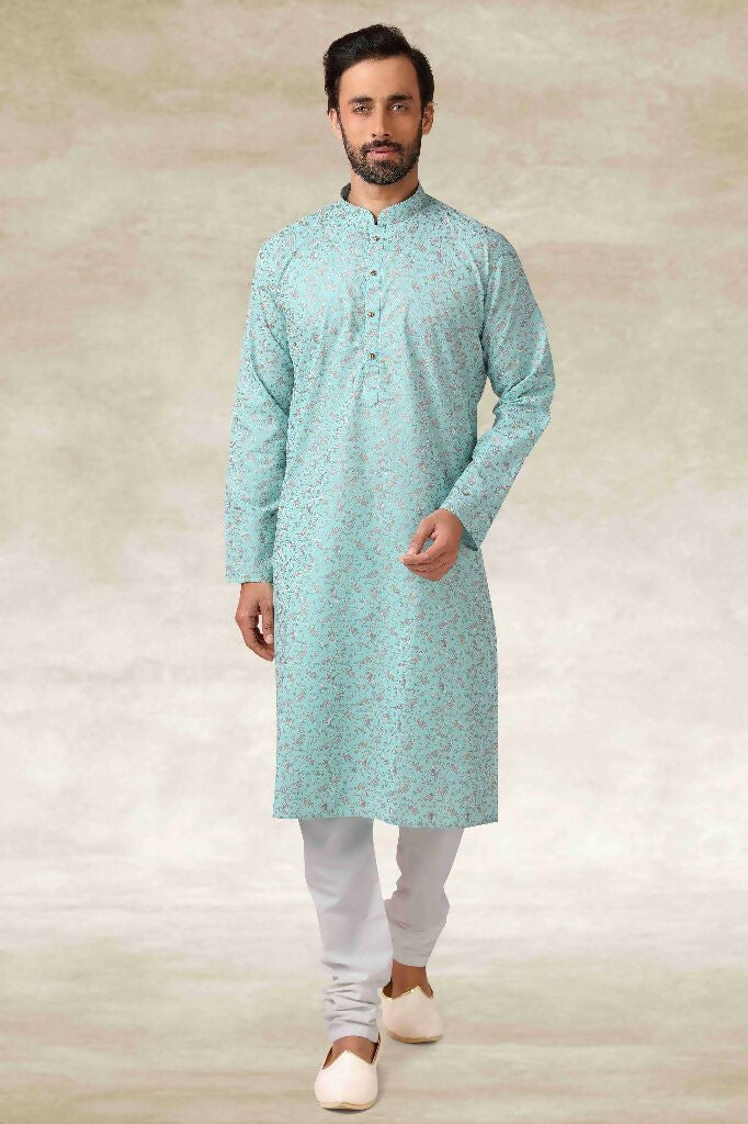 Raivat Ethnic Cotton Printed Work Kurta Pajama In Sea Green Colour