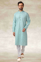 Raivat Ethnic Cotton Printed Work Kurta Pajama In Sea Green Colour