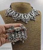 Tehzeeb Creations Women's Silver Colour Oxidised Ganesha Style Necklace Set With White Pearl