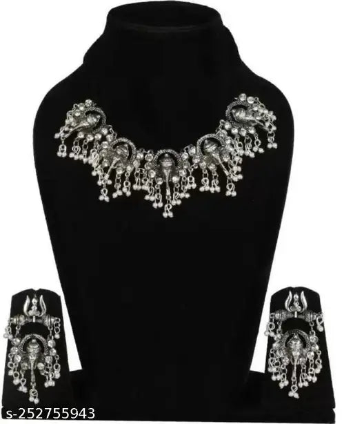 Tehzeeb Creations Women's Silver Colour Oxidised Ganesha Style Necklace Set With White Pearl