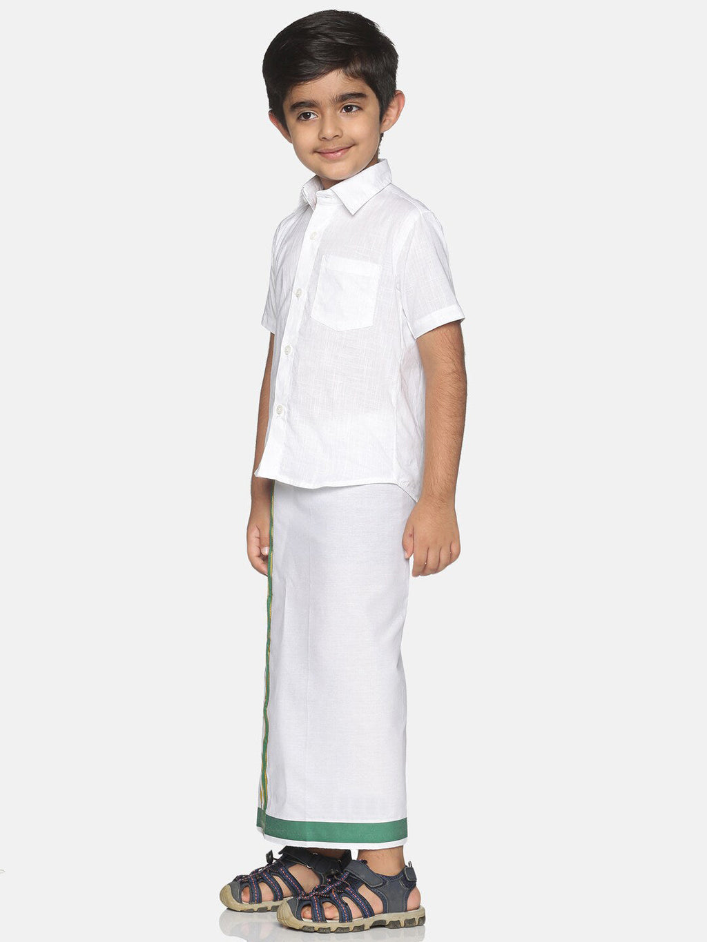 Sethukrishna Boys White & Green Pure Cotton Solid Shirt and Veshti Set