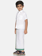 Sethukrishna Boys White & Green Pure Cotton Solid Shirt and Veshti Set