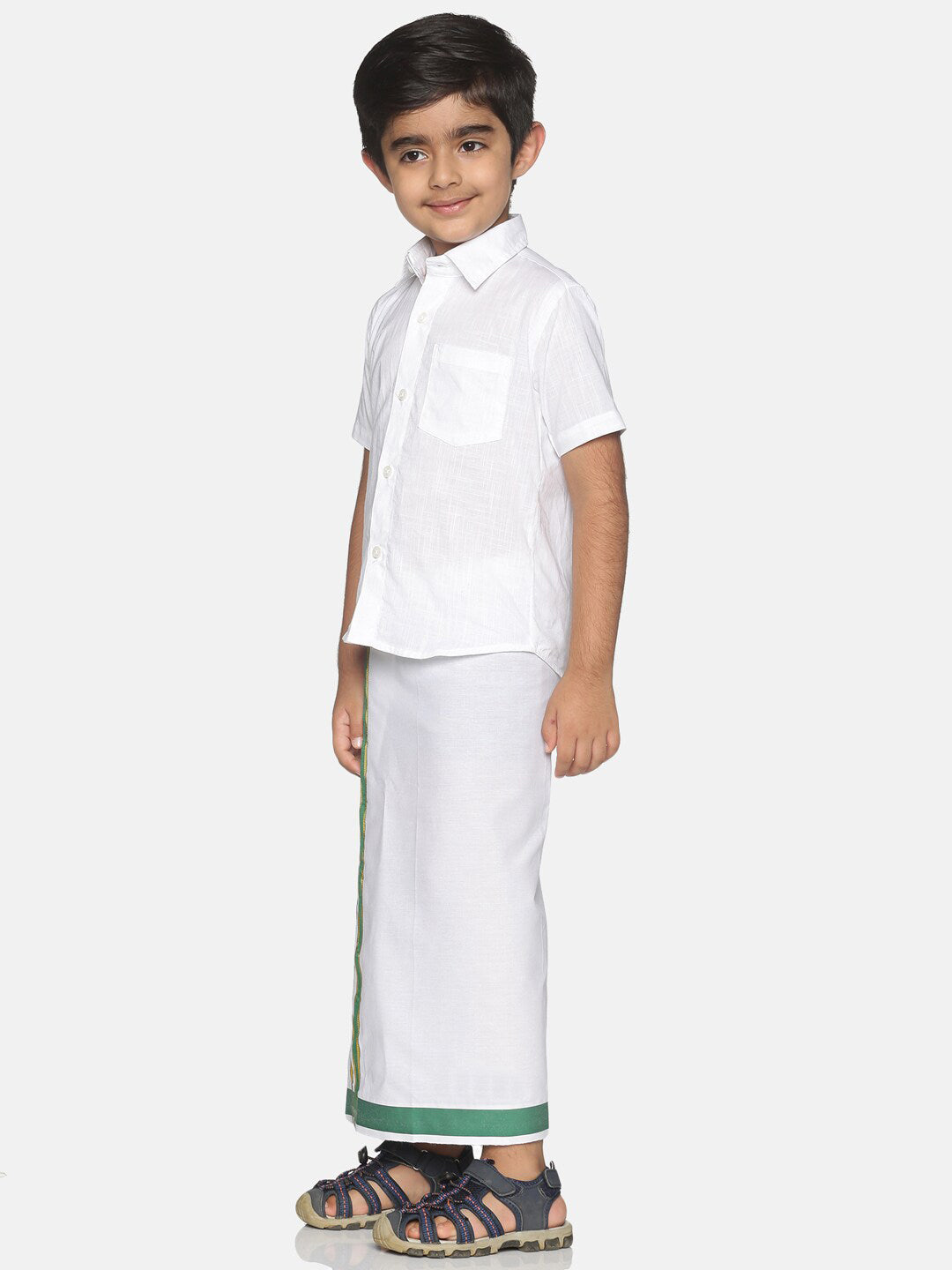 Sethukrishna Boys White & Green Pure Cotton Solid Shirt and Veshti Set