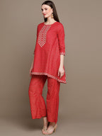 HERE&NOW Embroidered Ethnic Motifs Printed Mirror Work Asymmetric Kurti with Palazzos