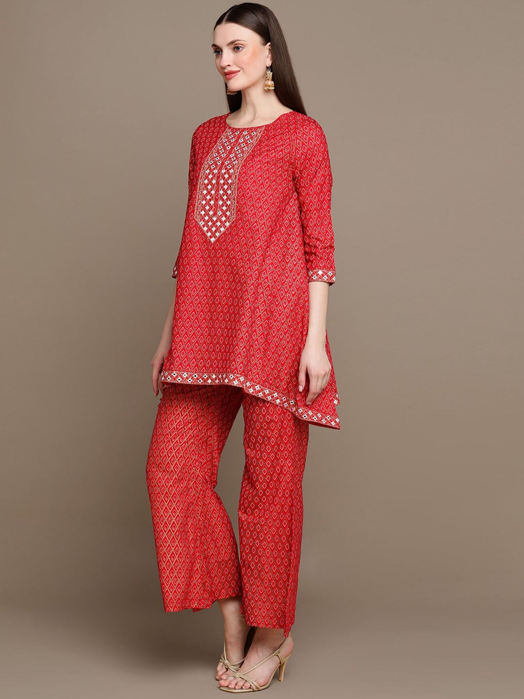 HERE&NOW Embroidered Ethnic Motifs Printed Mirror Work Asymmetric Kurti with Palazzos