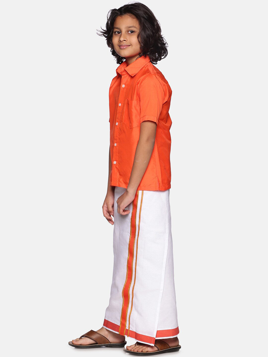 Sethukrishna Orange & White Solid Shirt with Dhoti Set For Boys