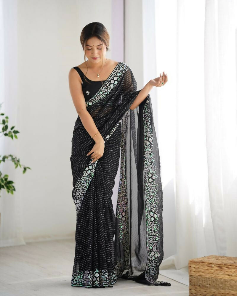 Georgette Designer Sequance Embroidery Work Party Wear Saree - Black