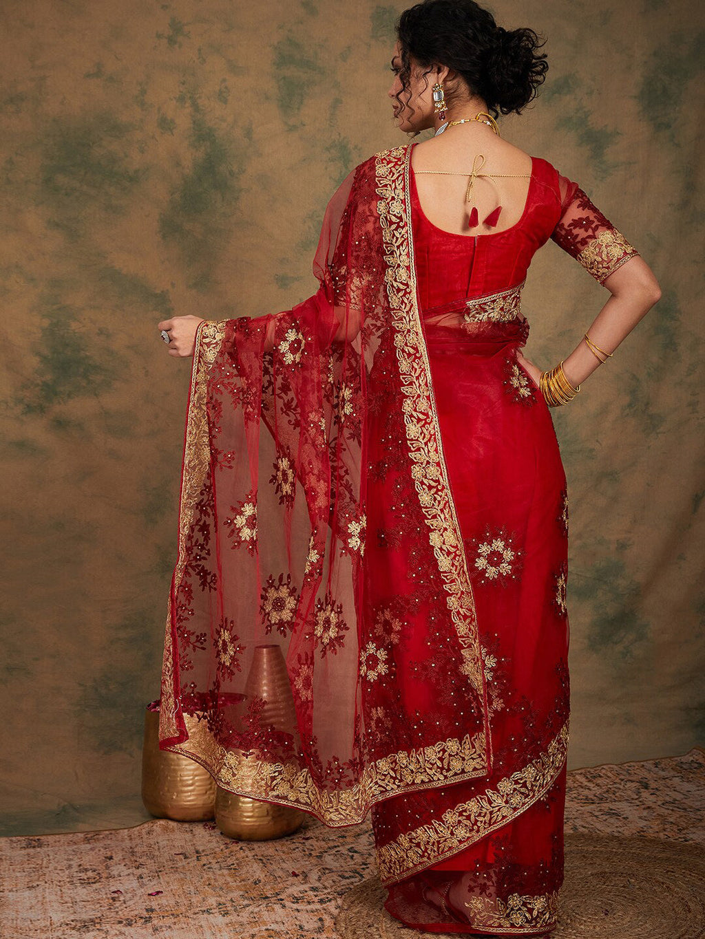Sangria Floral Embroidered Net Sarees - Distacart