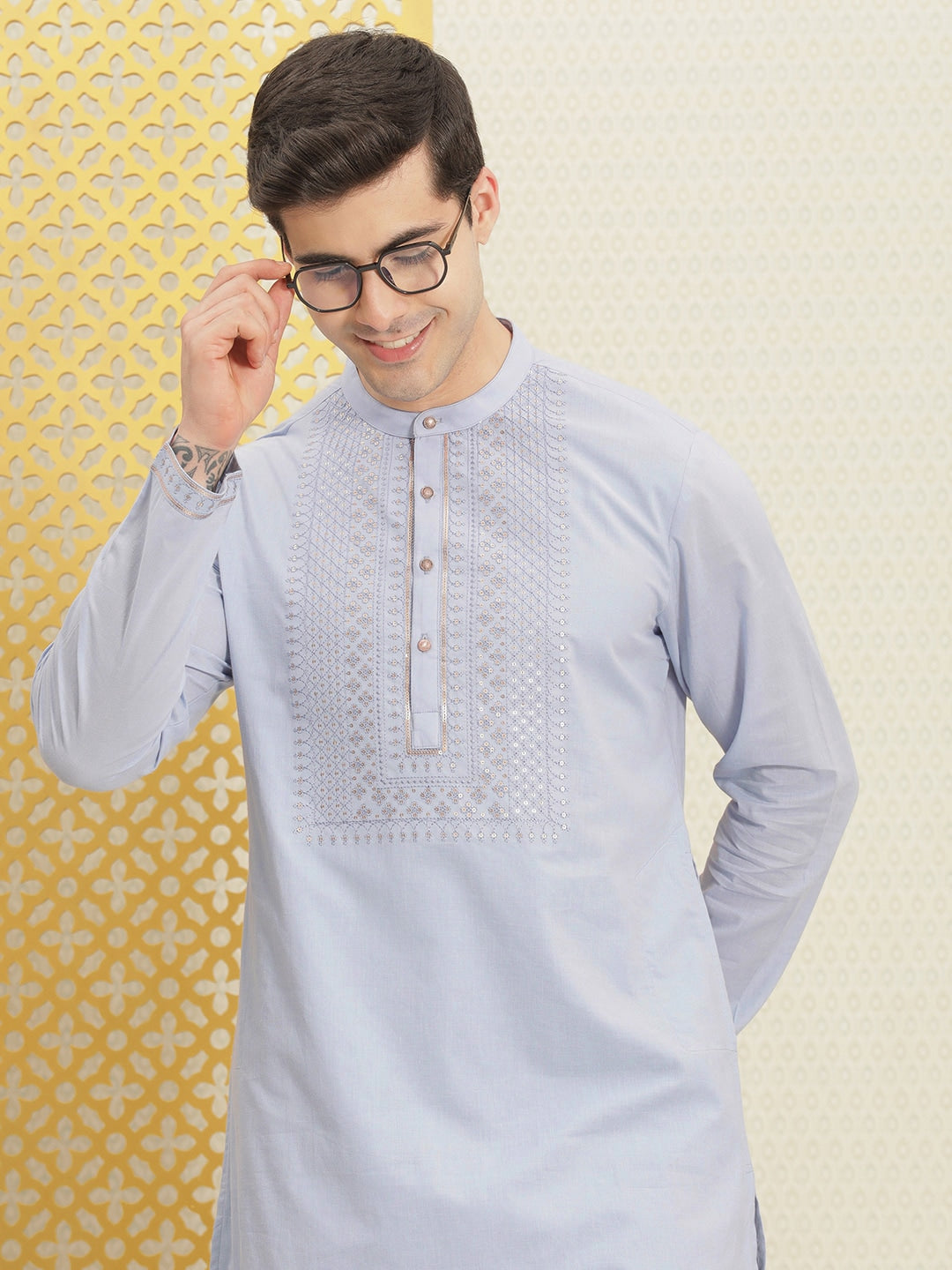 House of Pataudi Jashn Pure Cotton Yoke Design Sequinned Kurta