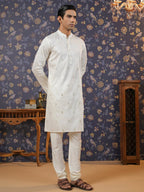 House of Pataudi Men Off White Geometric Embroidered Mirror Work Kurta