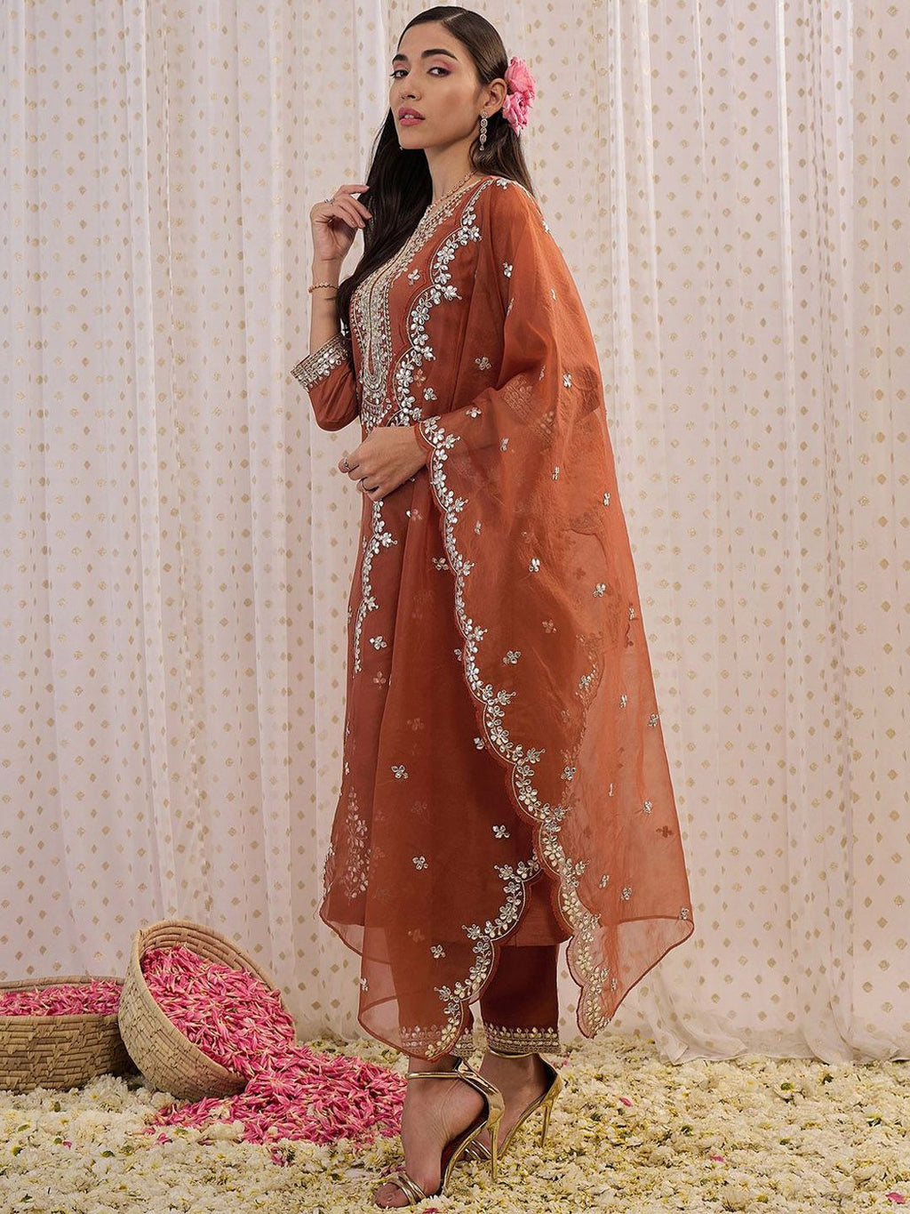 Indo Era Ethnic Motifs Embroidered Regular Gotta Patti Kurta with Trouser & Dupatta - Distacart