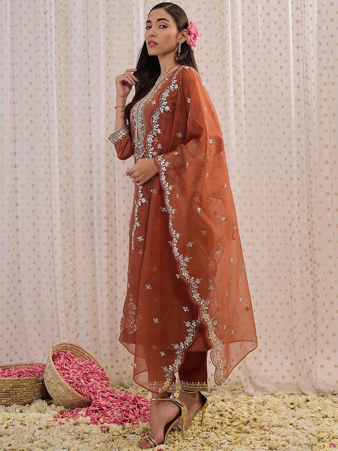 Indo Era Ethnic Motifs Embroidered Regular Gotta Patti Kurta with Trouser & Dupatta - Distacart