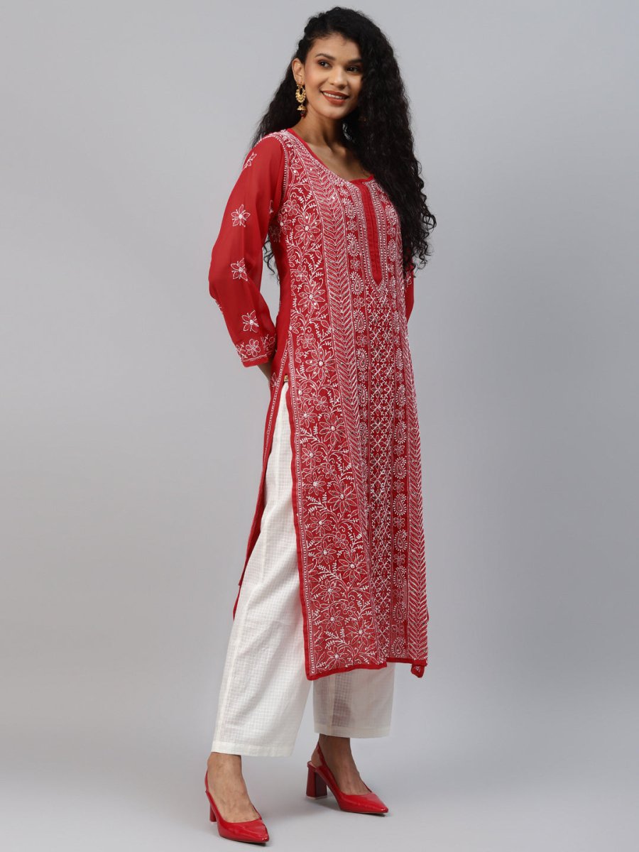 ADA Women Red & White Hand Embroidered Chikankari Sustainable Handloom Kurta With Matching Slip