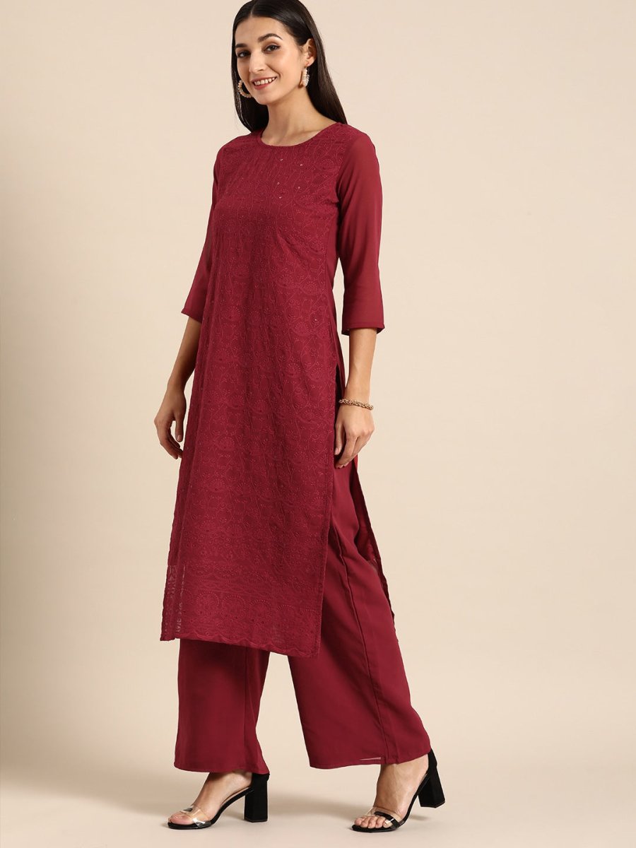 All About You Women Maroon Ethnic Motifs Embroidered Chikankari Kurta with Palazzos