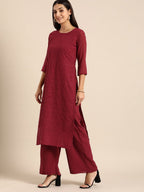 All About You Women Maroon Ethnic Motifs Embroidered Chikankari Kurta with Palazzos