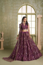 Eilara Embroidered, Sequins And Thread Work Net A - Line Lehenga Choli In Wine