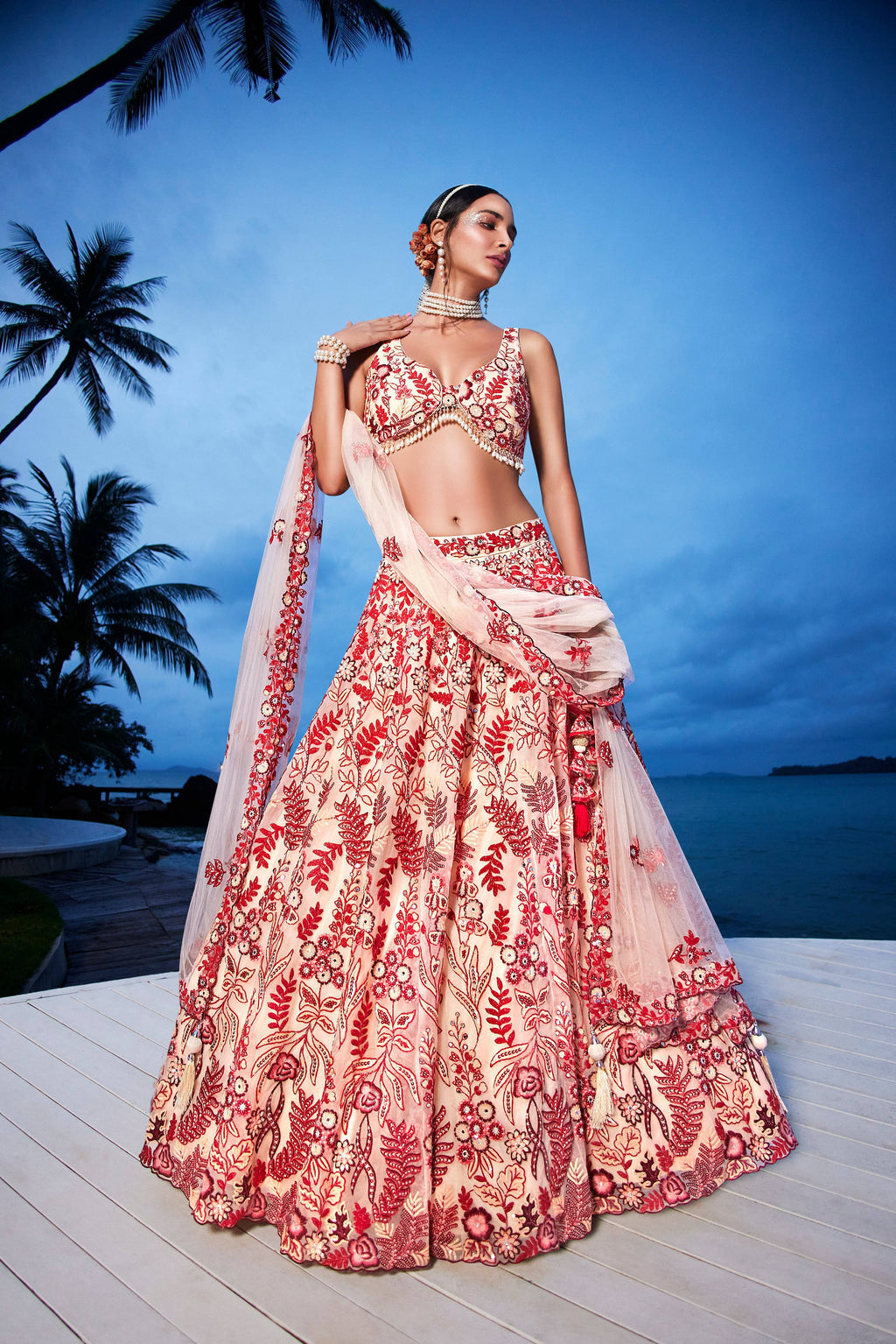 House of Panchhi Peach Net Sequins, Mirror And Thread Embroidery Lehenga Choli & Dupatta