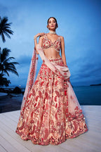 House of Panchhi Peach Net Sequins, Mirror And Thread Embroidery Lehenga Choli & Dupatta