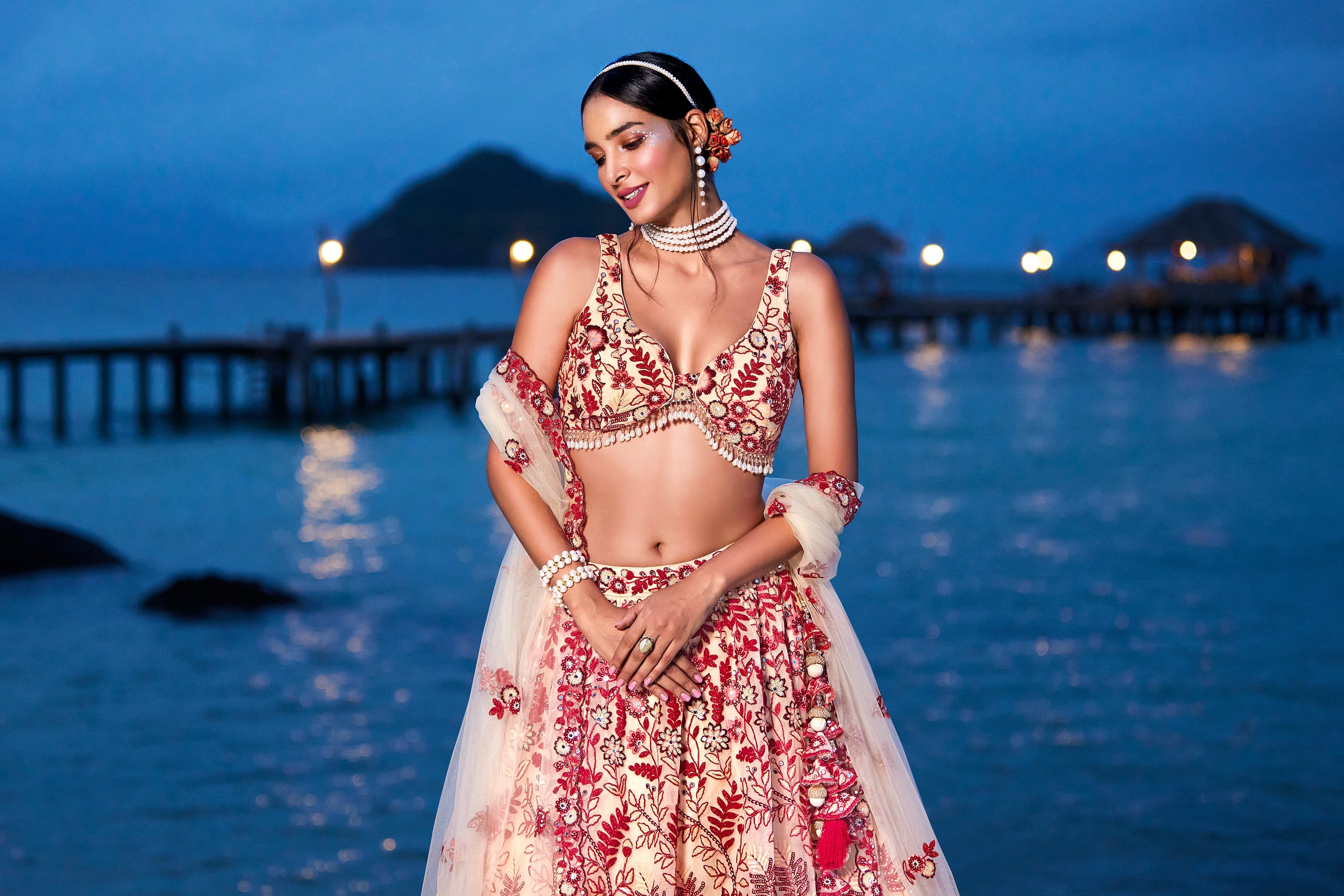 House of Panchhi Peach Net Sequins, Mirror And Thread Embroidery Lehenga Choli & Dupatta