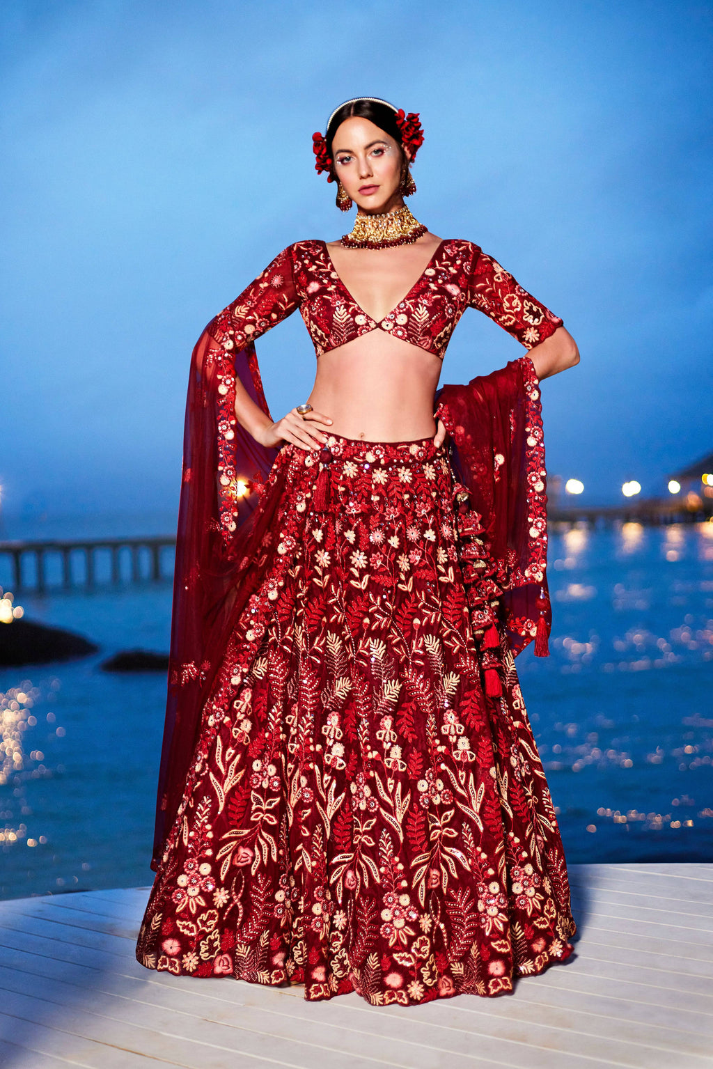 House of Panchhi Red Net Sequins, Mirror And Thread Embroidery Lehenga Choli & Dupatta