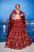 House of Panchhi Red Net Sequins, Mirror And Thread Embroidery Lehenga Choli & Dupatta