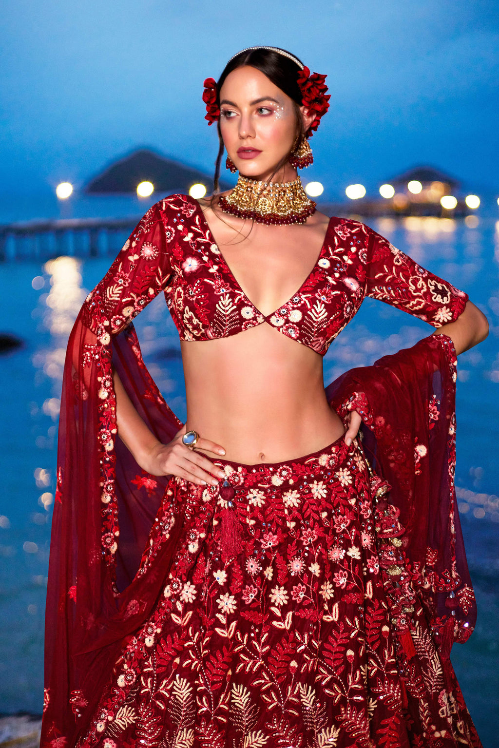 House of Panchhi Red Net Sequins, Mirror And Thread Embroidery Lehenga Choli & Dupatta