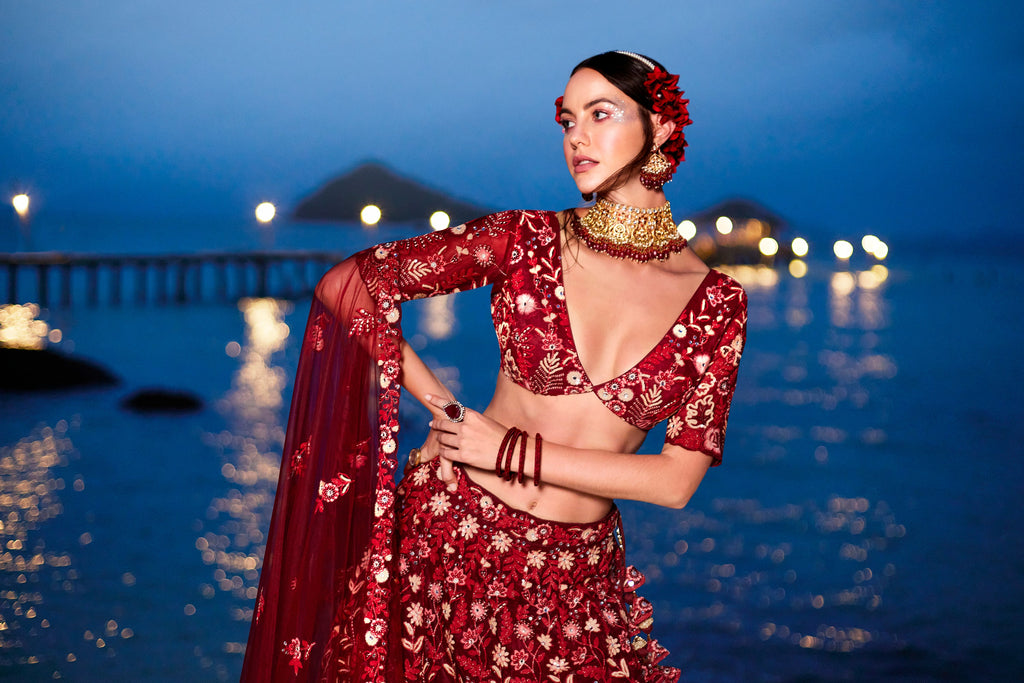 House of Panchhi Red Net Sequins, Mirror And Thread Embroidery Lehenga Choli & Dupatta